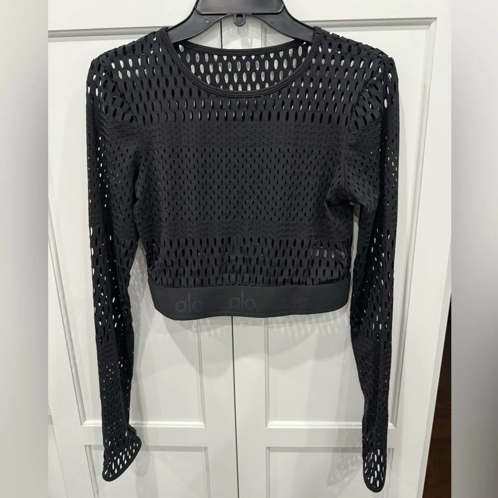 Alo Yoga NEW Size L Haute Girl Summer Mesh Long Sleeve Crop Top